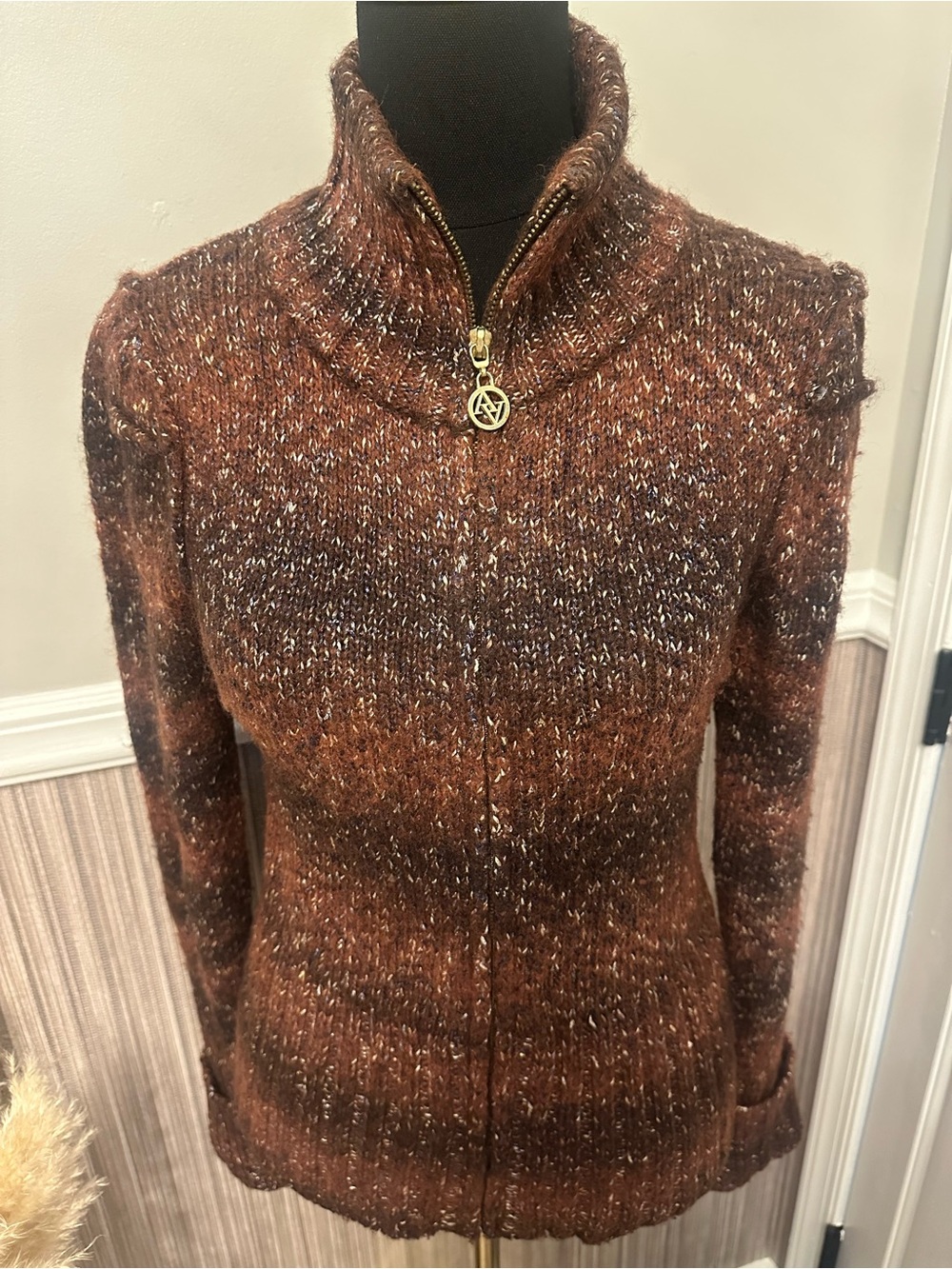Adrienne Vittadini Studio M Brown Metallic Wool Blend Zip Cardigan Sweater - Picture 5 of 12